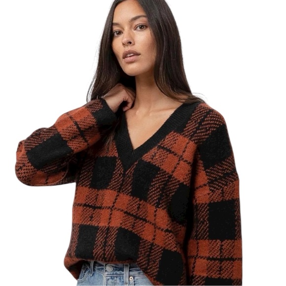 NWT Rails Colleen Rust Black Plaid Oversized V-Neck Sweater Size XL Reg. $268 - Picture 10 of 10